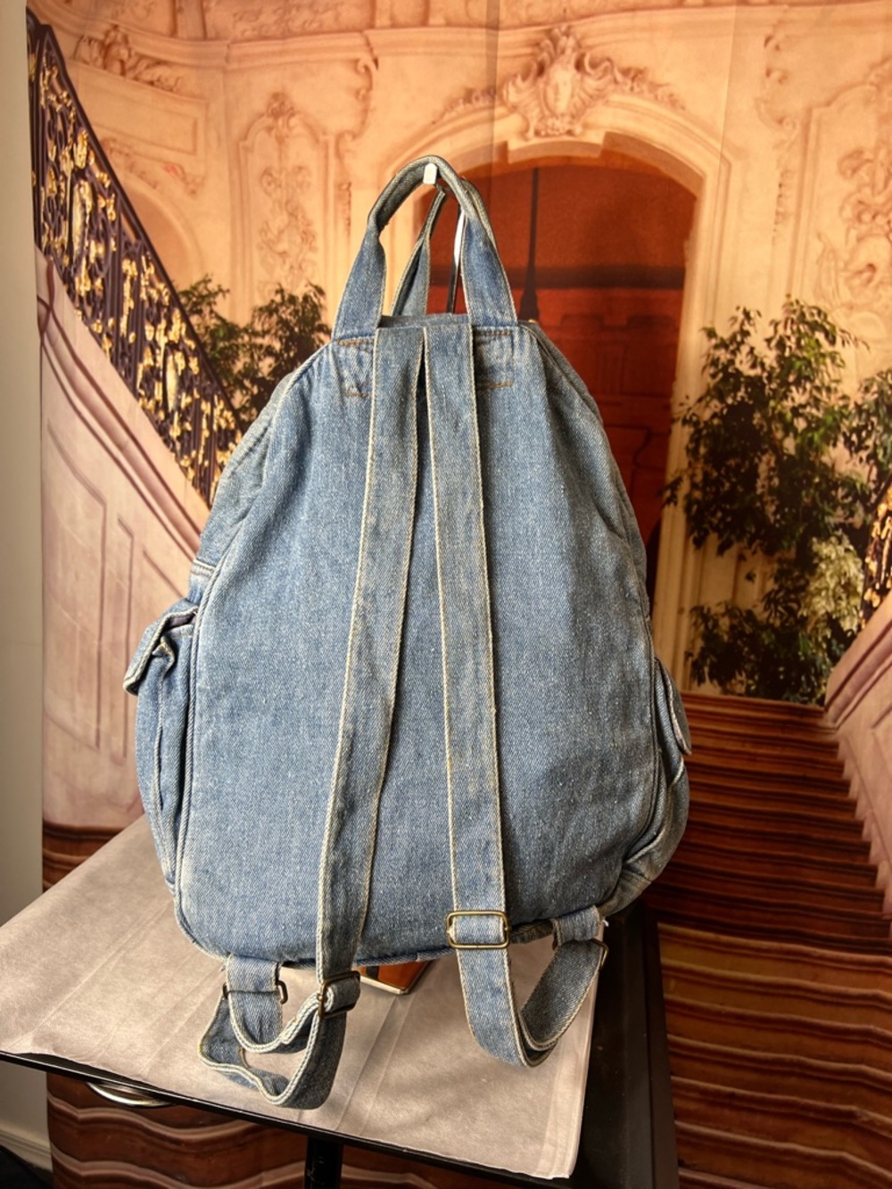 Vintage Gitano Blue Denim Backpack, top zip, front zip compartments, side pocket - Picture 7 of 15